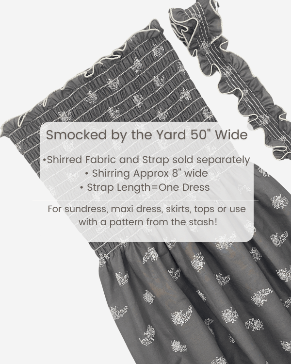 Charcoal gray paisley floral smocked shirred cotton fabric and strap shown separately