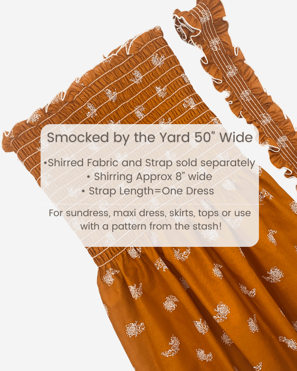 Burnt orange floral paisley smocked shirred cotton fabric and strap shown separately