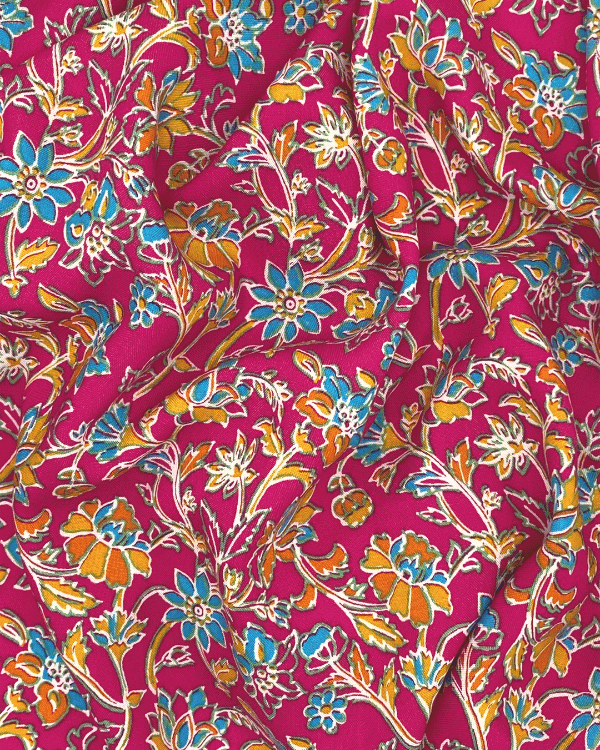 Hot Pink Floral Fabric | Multicolor Rayon Challis 58W