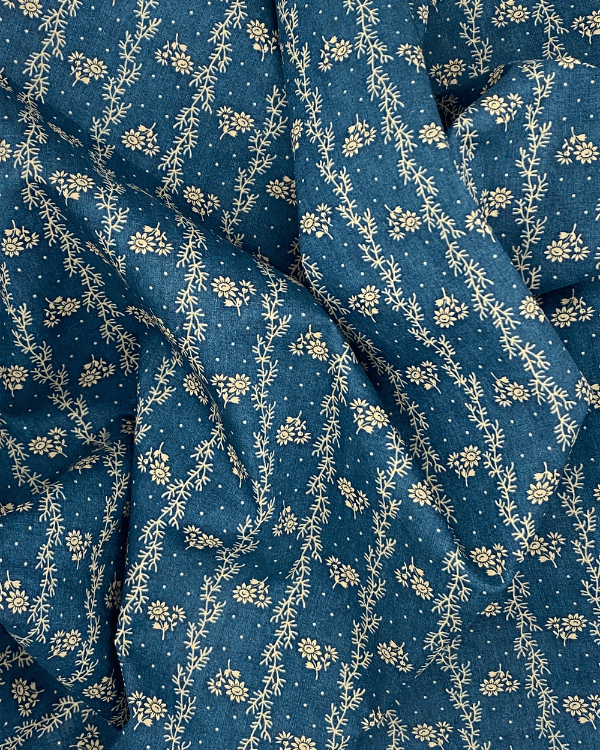 Indigo Blue Cotton lawn Fabric with Khaki Beige Dot Floral Stripe Print  | Vintage  Americana Style Print | Photo is a fabric draped in a ball 
