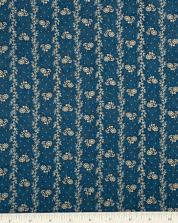 Indigo Blue Cotton lawn Fabric with Khaki Beige Dot Floral Stripe Print  | Vintage  Americana Style Print | Photo is a fabric with ruler for scale