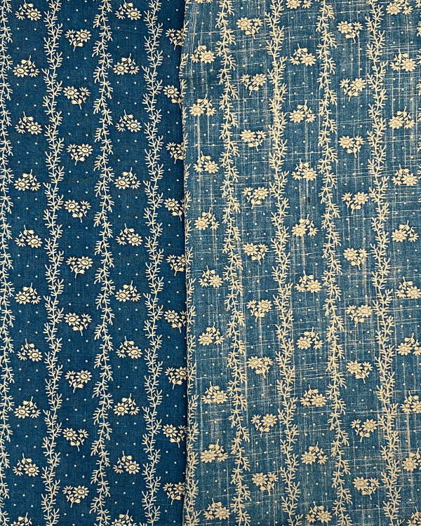 Indigo Blue Cotton lawn Fabric with Khaki Beige Dot Floral Stripe Print  | Vintage  Americana Style Print | Photo is a fabric folded to show face side and back side of material