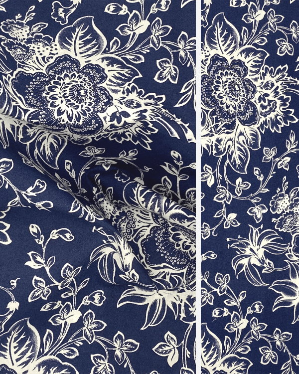 Ink Blue Jacobean Floral Toile Fabric | 100% Cotton Fabric 58”W | Photo of draped fabric ball and flat material