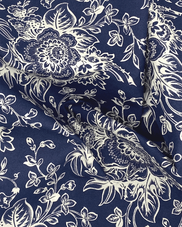 Ink Blue Jacobean Floral Toile Fabric | 100% Cotton Fabric 58”W | Photo of draped fabric ball 