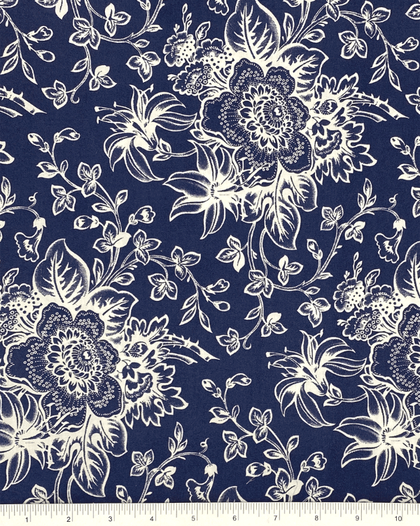 Ink Blue Jacobean Floral Toile Fabric | 100% Cotton Fabric 58”W | Photo of flat material with ruler for scale