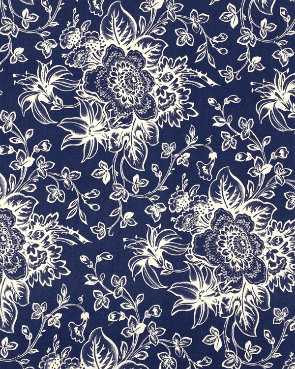 Ink Blue Jacobean Floral Toile Fabric | 100% Cotton Fabric 58”W | Photo of flat material
