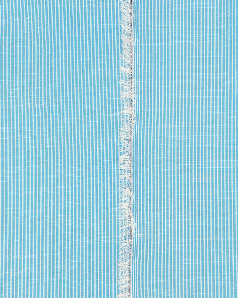Light blue yarn-dyed striped fabric showing front and back detail