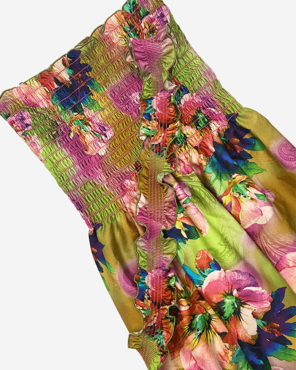 Green Pink Tropical Smocked Cotton Sateen – 50” Wide Fabric Shirred Strap