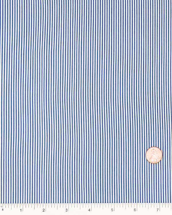 Navy white stripe stretch cotton shirting fabric with ruler for scale – 55 inch wide