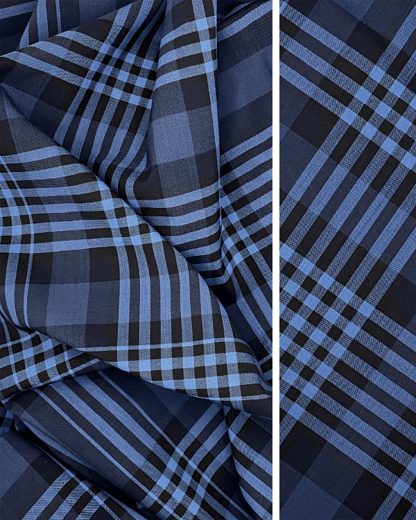 Navy Blue Plaid Fabric | Polyester and Virgin Wool 61W