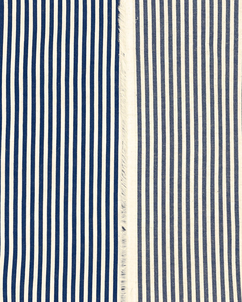 Front and back view of navy and cream striped cotton shirting fabric