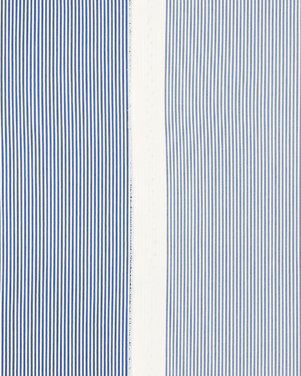Front and back view of navy white stripe stretch cotton shirting fabric with selvedge edge