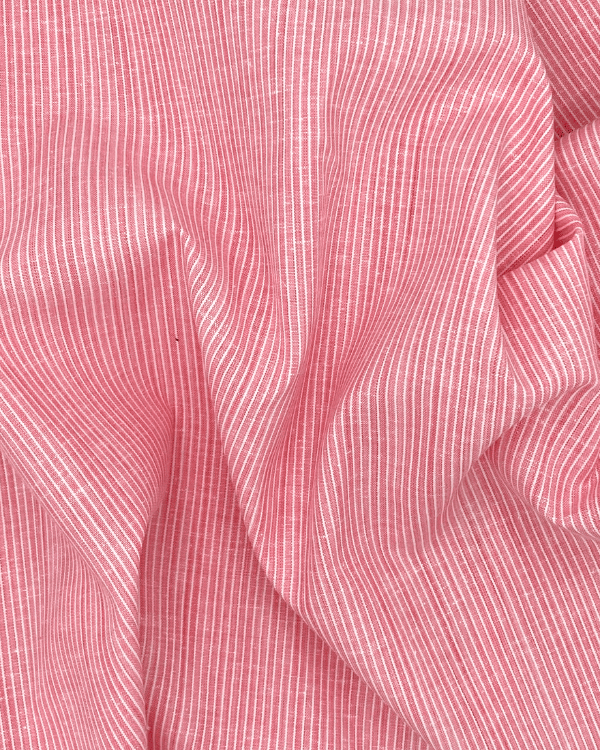 Pink White Hairline Stripe Fabric | Linen Look Cotton Slub 58”