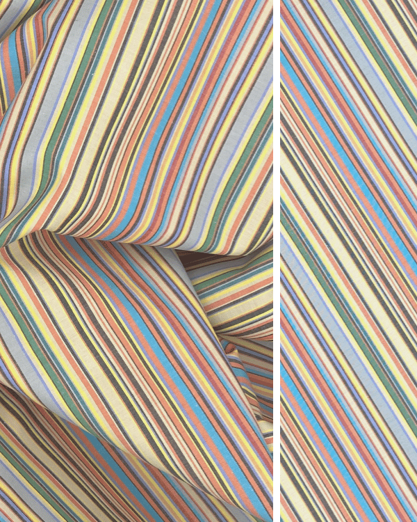 Retro Multi Stripe Cotton Fabric – Boho & Farmhouse Charm 58WShop retro-inspired multi-stripe cotton fabric with soft mid-tone hues and farmhouse charm. Perfect for apparel, home decor, and boho-chic DIY projects. Sustainably deadstock! Threadymade