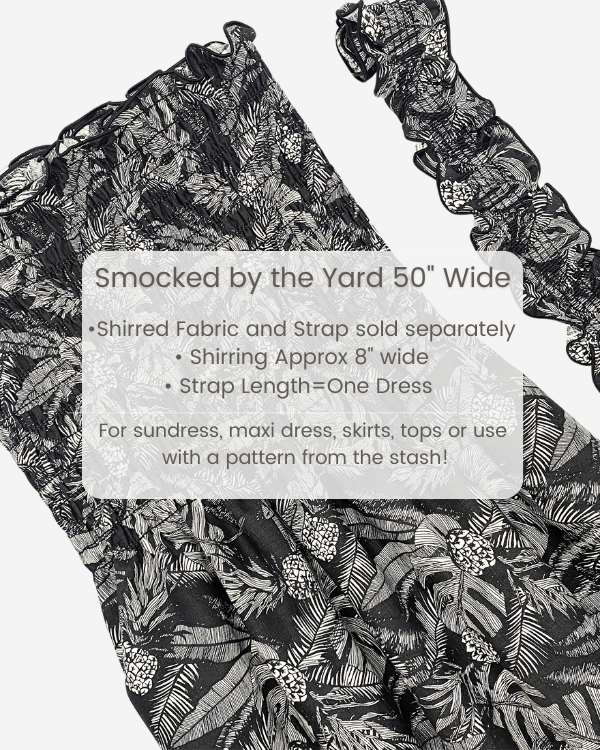 Shirred Black White Tropical Pineapple Print Fabric with shirred strap detail for DIY sewing projects