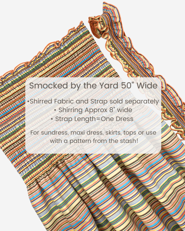Shirred cotton fabric sold by the yard with matching strap shown, sunset stripe in orange, yellow, blue – for sundresses