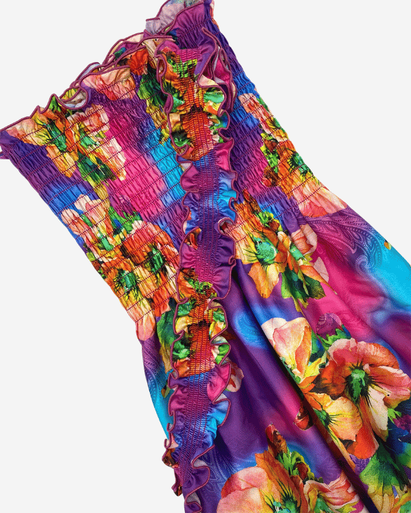 Full-length view of smocked cotton fabric for sewing dresses and tops