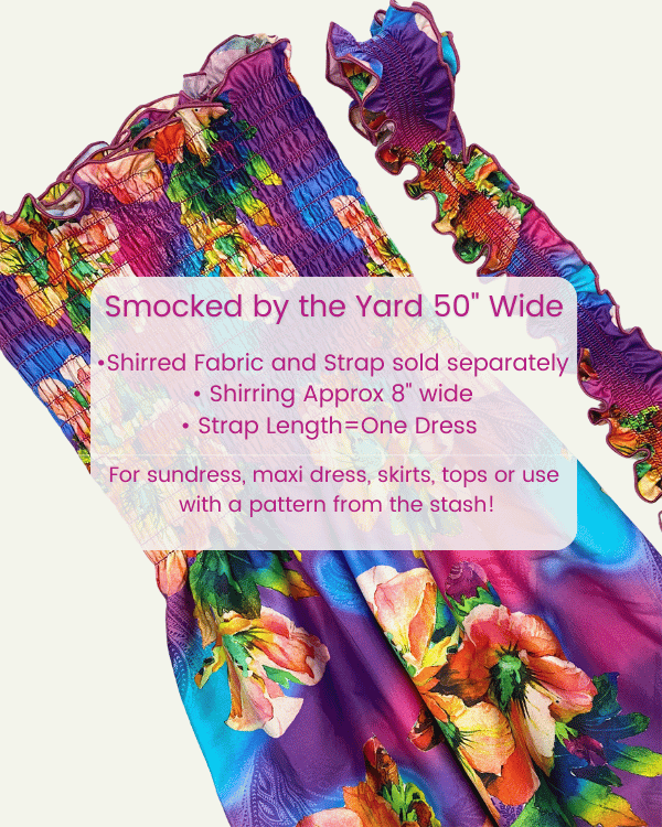 Smocked pink multicolor cotton fabric shown with separate strap piece, floral print