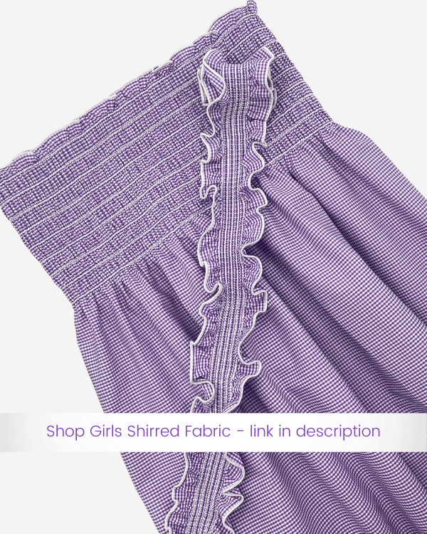 Kids purple mii gingham shirred fabric with link in hte description for ordering additional fabric