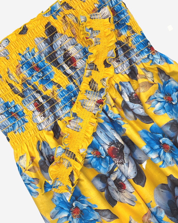 Smocked Shirred Fabric by the Yard | Bold Yellow Blue Floral Fabric | 40"L