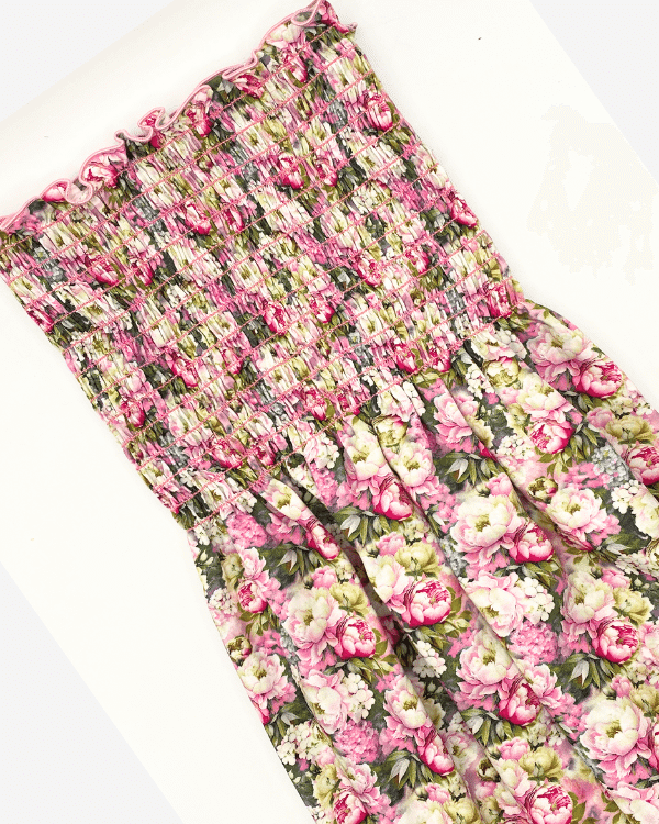 Smocked Shirred Rayon Pink Rose Floral Print Fabric