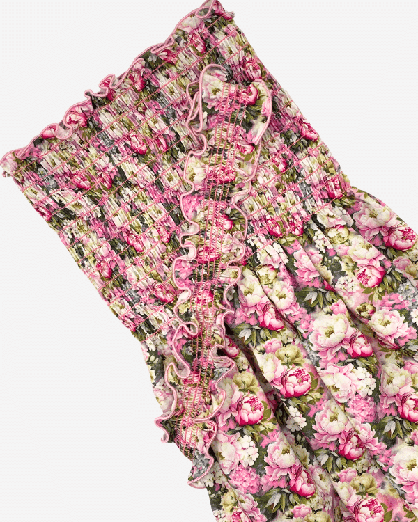 Smocked Shirred Rayon Pink Rose Floral Print Fabric