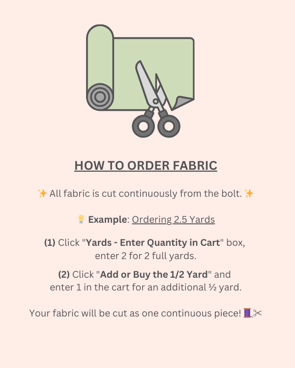 Infographic explaining how to order fabric in yardage increments, ensuring continuous cuts from the bolt.