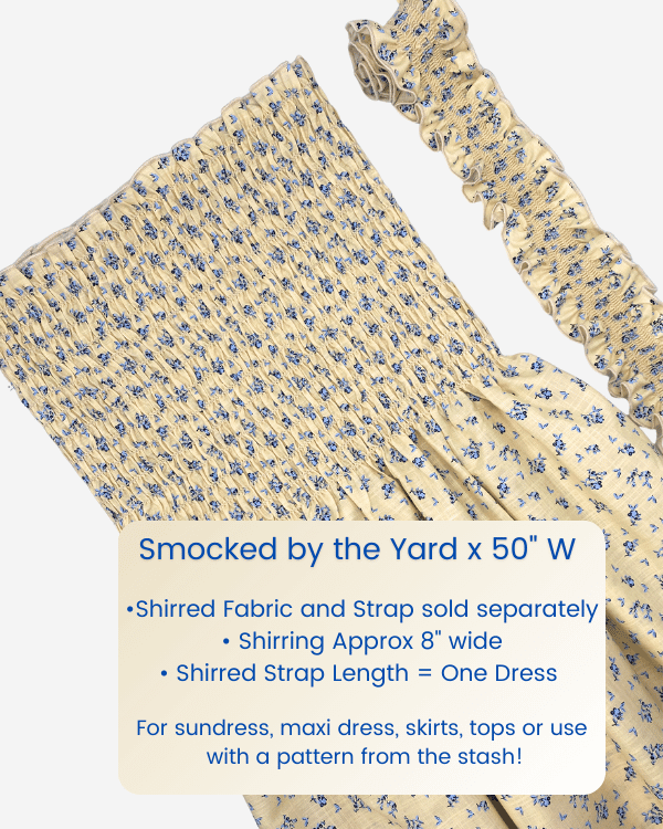 Yellow and blue floral cotton smocked fabric, 50 inches wide, with optional matching shirred strap sold separately.