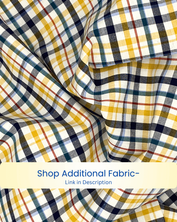 Yellow navy plaid shirred cotton fabric by he yard