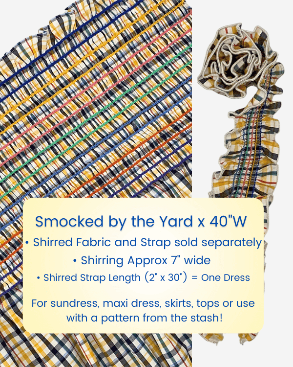 Yellow navy plaid shirred cotton fabric and matching straps laid flat