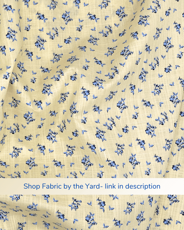 Small yellow and blue floral cotton fabric, sold by the yard, perfect for sewing dresses, skirts, and tops.