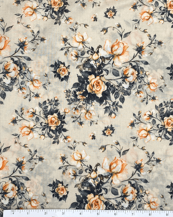Beige Grey Peach Rose Floral Fabric | Cotton Lawn Print 44W