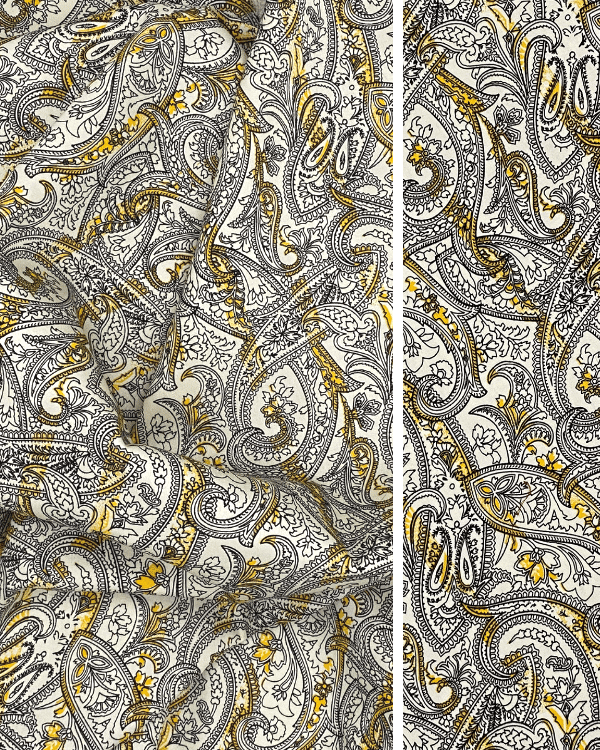 Black and White Paisley Fabric with Yellow Stripes Printed on Cotton Sateen
