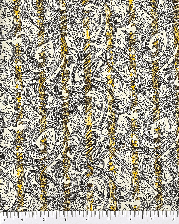 Black and White Paisley Fabric with Yellow Stripes Printed on Cotton Sateen