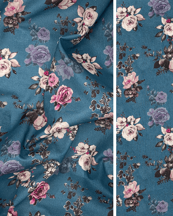Blue Pink Purple Rose Floral Fabric | Cotton Lawn