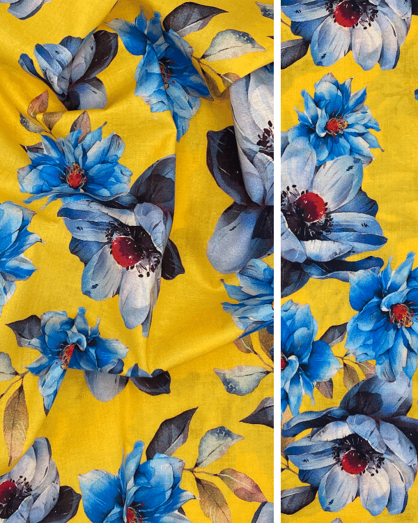 Bold Yellow Blue Floral Fabric | Multicolor Cotton Lawn Shirting Print 44W