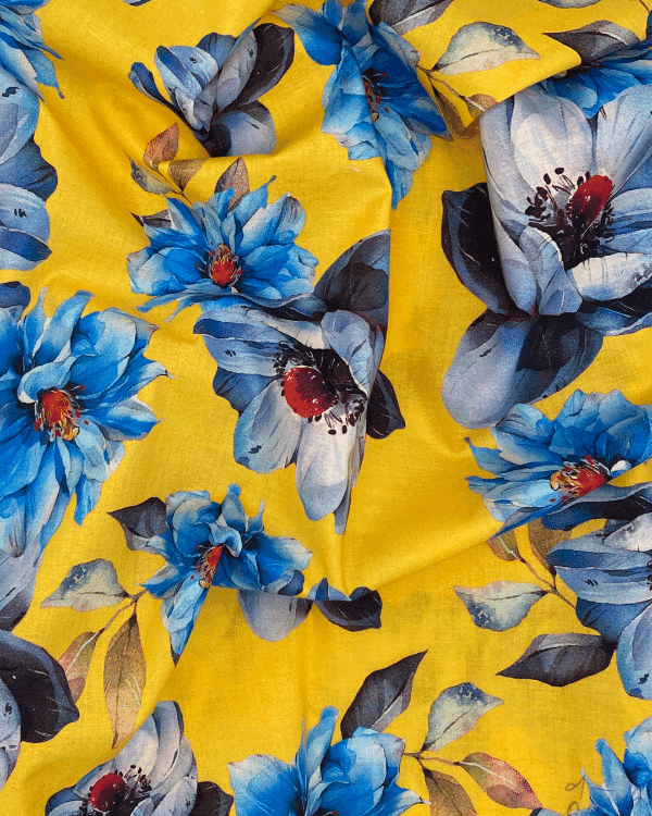 Bold Yellow Blue Floral Fabric | Multicolor Cotton Lawn Shirting Print 44W