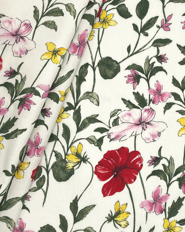 Botanical Floral Fabric | Red Floral on Cotton Sateen