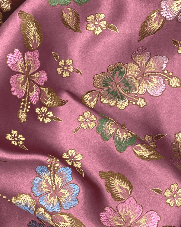 Colorful Pink Floral Brocade Fabric with Blue Orange Yellow Green