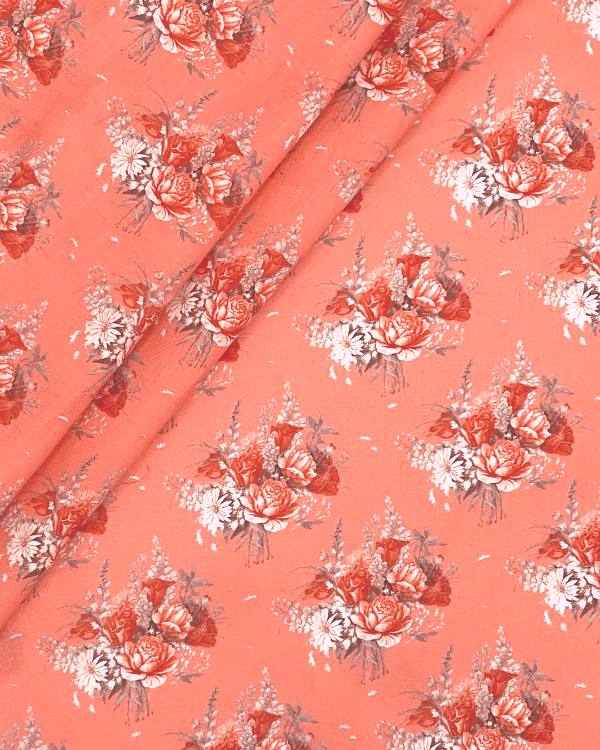 Coral Pink Red Floral Rose Fabric | 100% Cotton Lawn Print 44W