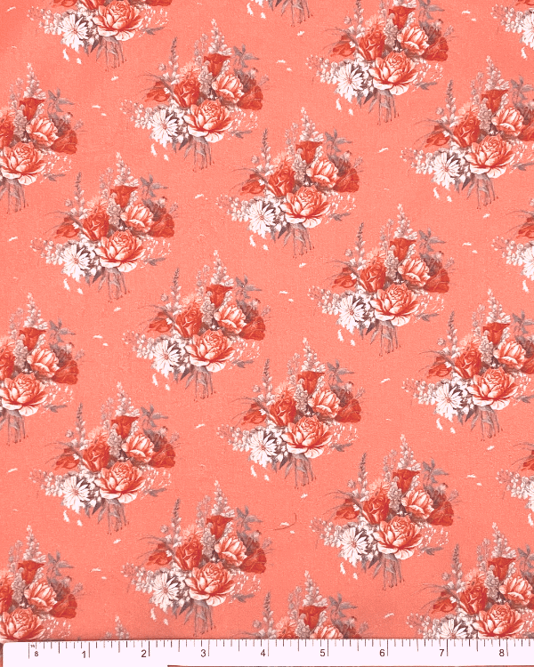 Coral Pink Red Floral Rose Fabric | 100% Cotton Lawn Print 44W