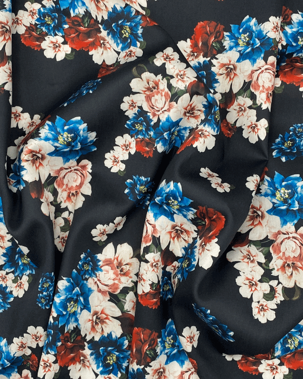 Dark Floral Fabric with Blue White and Red Flowers on Black Cotton Sateen