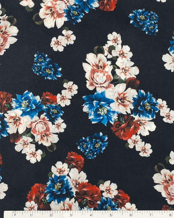 Dark Floral Fabric with Blue White and Red Flowers on Black Cotton Sateen