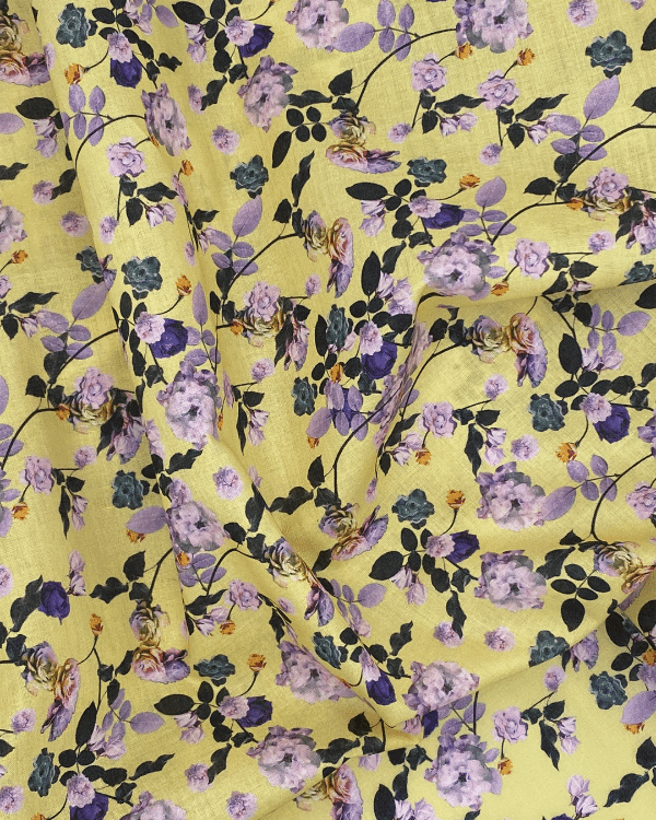 Delicate Yellow Lilac Purple Rose Fabric Cotton Lawn