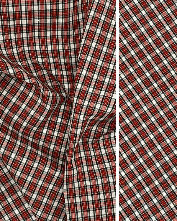 Dress Stewart Tartan Plaid Fabric, Small Scale Red Check Cotton Shirting