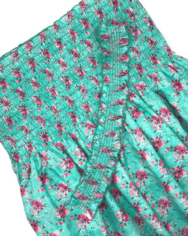 Fabric Shirred by the Yard | Aqua Green Cherry Blossom Floral | 42