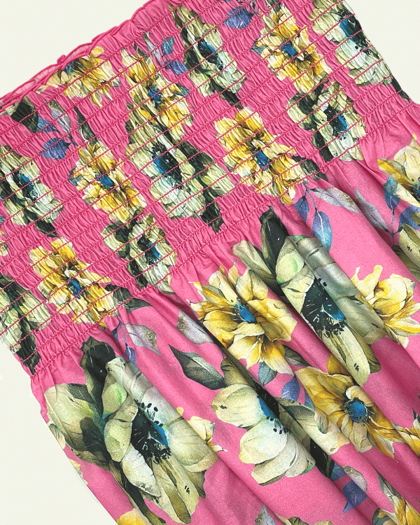 Fabric Shirred by the Yard | Bright Pink Yellow Floral Fabric | 42"L