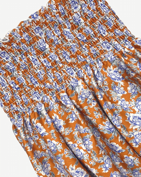 Fabric Shirred by the Yard  | Orange Blue Floral Cotton Sateen Fabric | 42"L