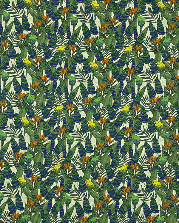 Fern Green Multi Tropical Rainforest Floral Birds Fabric | 100% Linen Shirting Print 58W