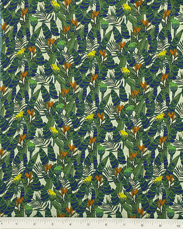 Fern Green Multi Tropical Rainforest Floral Birds Fabric | 100% Linen Shirting Print 58W
